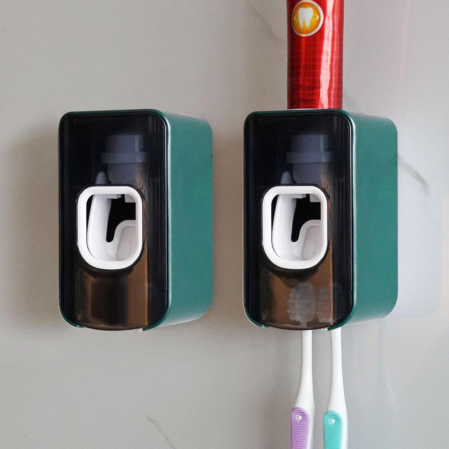 2 Slot Toothbrush Holder and Toothpaste Dispenser Wall Mounted, Automatic Toothpaste Squeezer, 2 in 1 Tooth Brush Toothpaste Organizer for Shower (Grey)