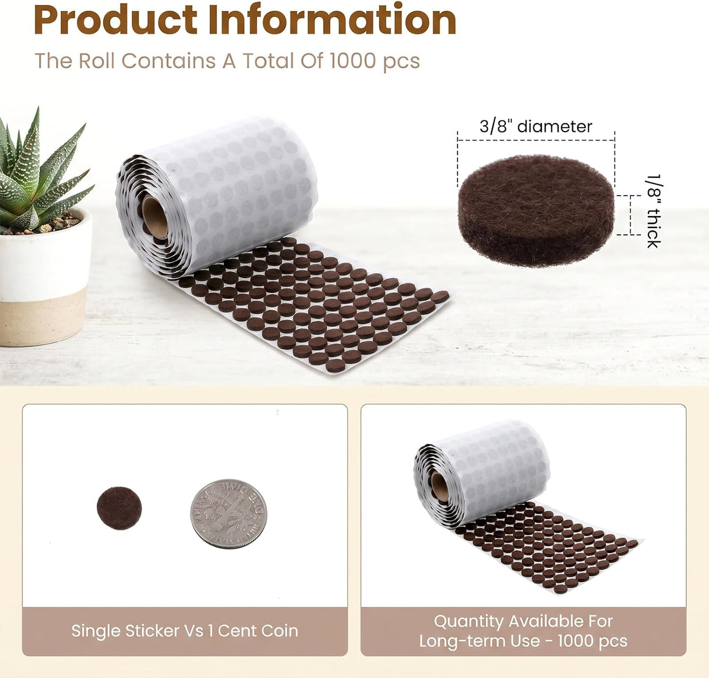 1000Pcs Small Felt Pads for Coaster Bottoms Dots 3/8" Felt Pads for Cabinet Door Bumpers Self Adhesive Felt-Furniture Pad Feet for Chair Legs Round Felt-Hardwood Floor Protectors for Kitchen, Brown