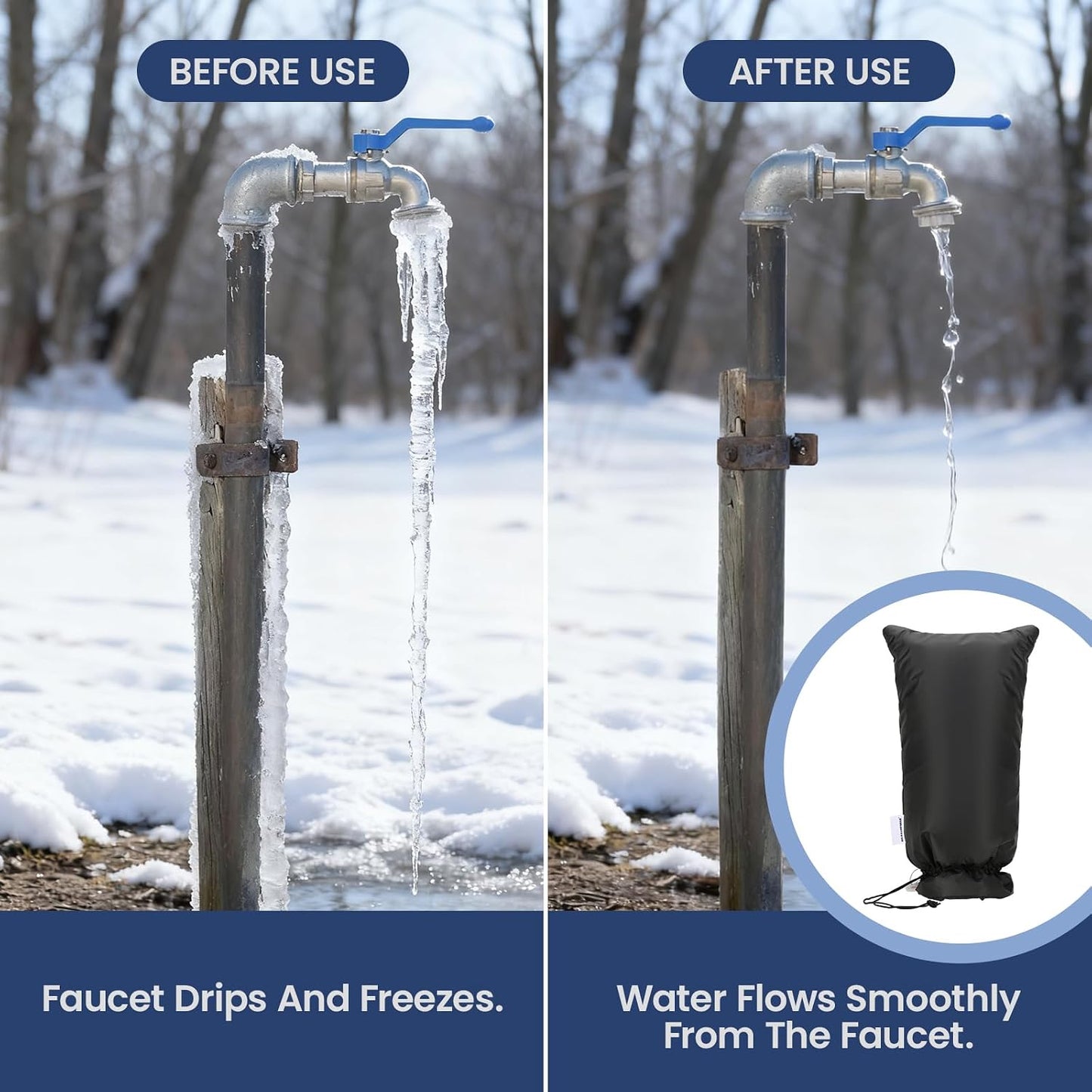 MEASUREMAN Outdoor Faucet Cover for Winter Freeze Protection 25”H x 13.19”W 3M Thinsulate Insulation Waterproof & Frost-Proof Insulated Hose Bibb Spigot Black Sock 420D Oxford Fabric Reusable