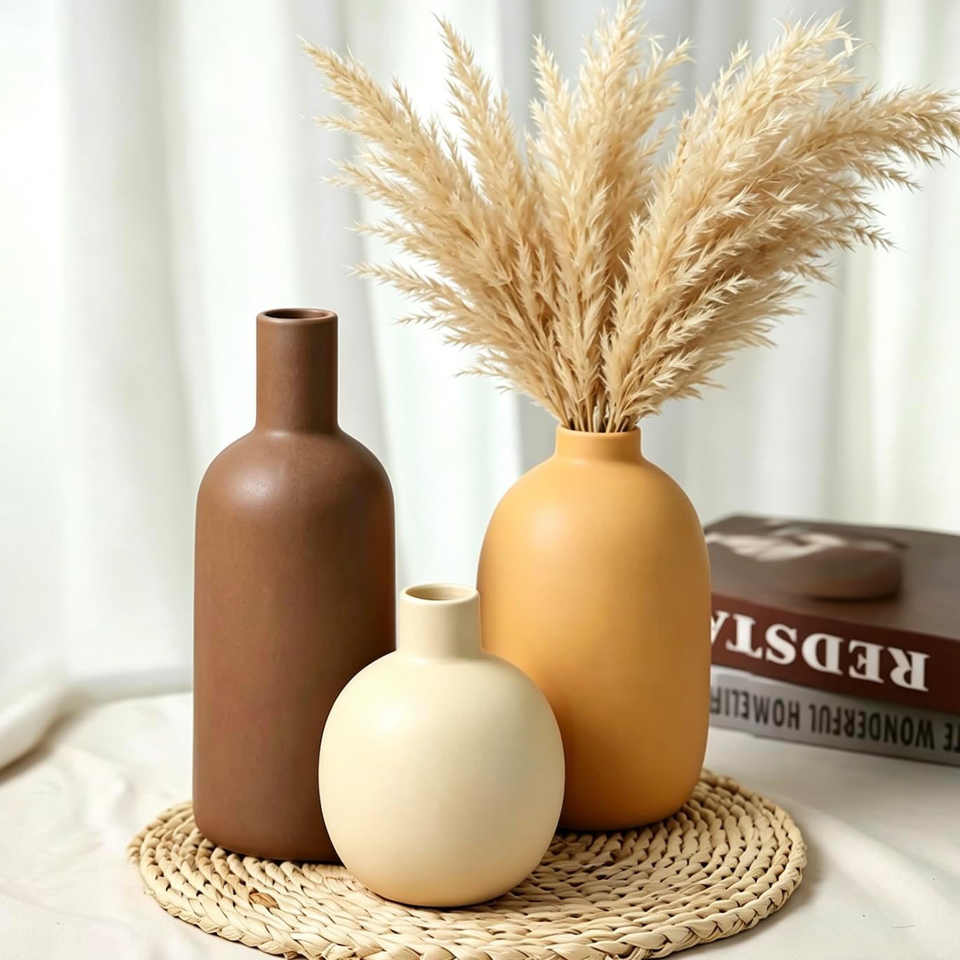 CUCUMI Ceramic Vase Set of 5, Home Decor Farmhouse Décor Handmade Pottery Vases for Pampas Grass, Dried Fresh Flowers, Table, Living Room, Kitchen, Shelf, Entryway Mantel Neutral Tones