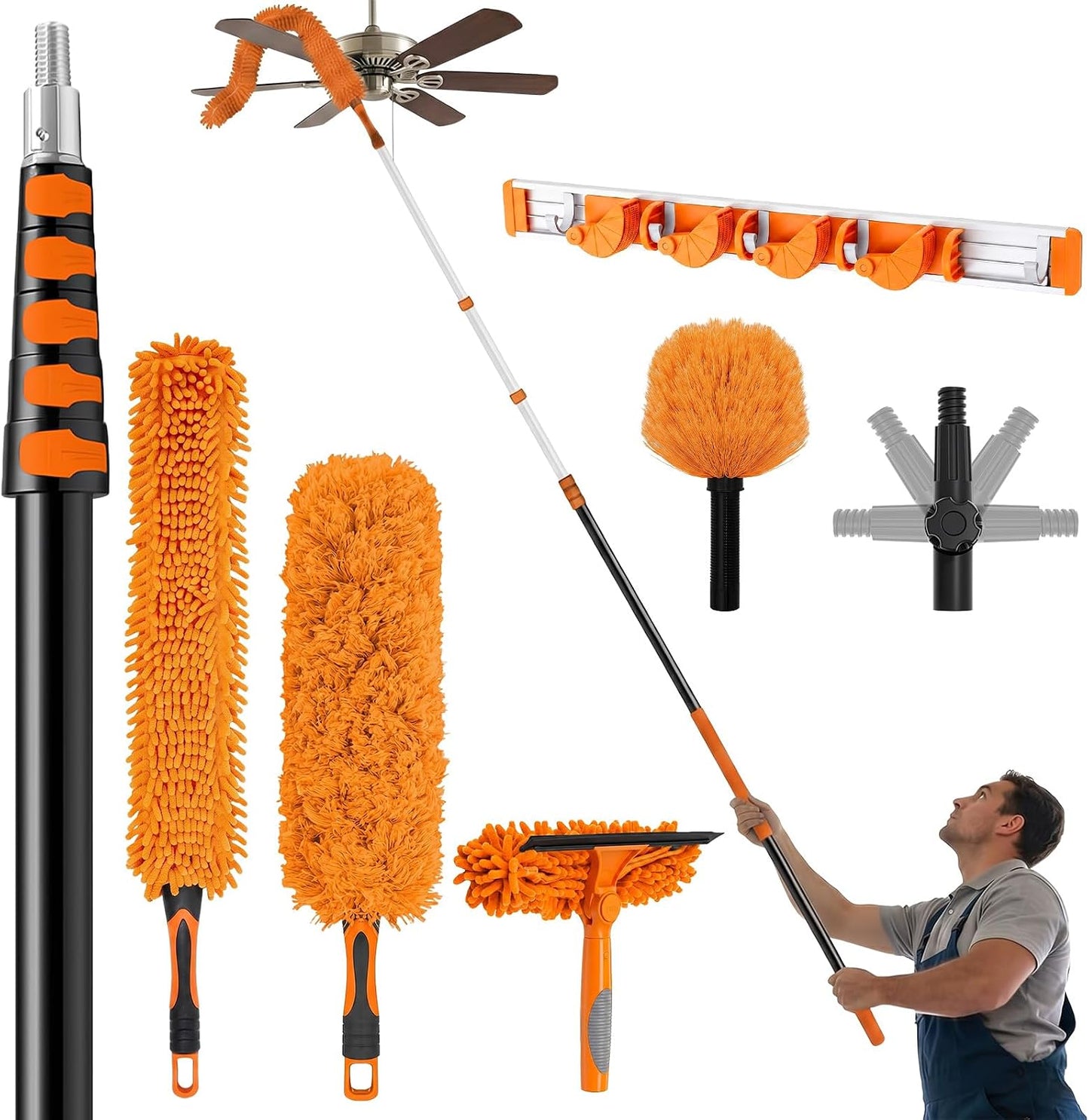 36ft Extra Long High Ceiling Duster with Extension Pole, Long Reach Cleaning Kit for Ceiling Fans, Windows & Cobwebs, Telescoping Pole with 6 Attachments for Home Church Warehouse Cleaning
