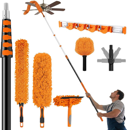 36ft Extra Long High Ceiling Duster with Extension Pole, Long Reach Cleaning Kit for Ceiling Fans, Windows & Cobwebs, Telescoping Pole with 6 Attachments for Home Church Warehouse Cleaning