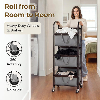 GRANNY SAYS 3 Section Tiered Laundry Sorter, Slim Vertical Laundry Hamper with Wheels, Narrow Rolling Laundry Cart with Removable Bags for Laundry Room, Bathroom, Closet, Dorm, Beige