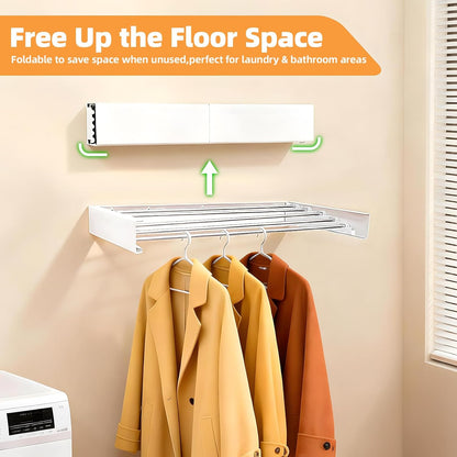 Wall Mounted Clothes Drying Rack 32", Collapsible Space Saving Laundry Drying Rack with 50 lb Capacity, Laundry Room Organization for Clothes, Foldable, 5 Rods, White