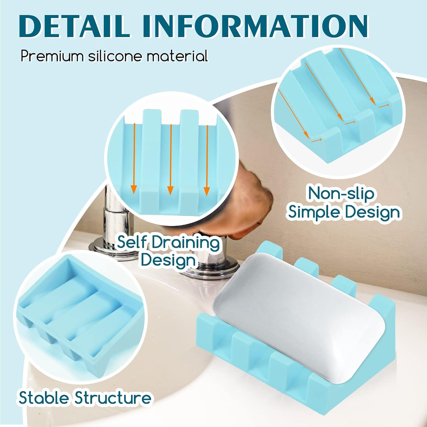 Self Draining Silicone Soap Dish with Suction Cups - Non-Slip Bar Soap Holder for Shower & Kitchen, Waterfall Tray Keeps Soap Dry, Easy Clean, Extends Soap Life (White, 1)