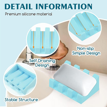 Self Draining Silicone Soap Dish with Suction Cups - Non-Slip Bar Soap Holder for Shower & Kitchen, Waterfall Tray Keeps Soap Dry, Easy Clean, Extends Soap Life (White, 1)