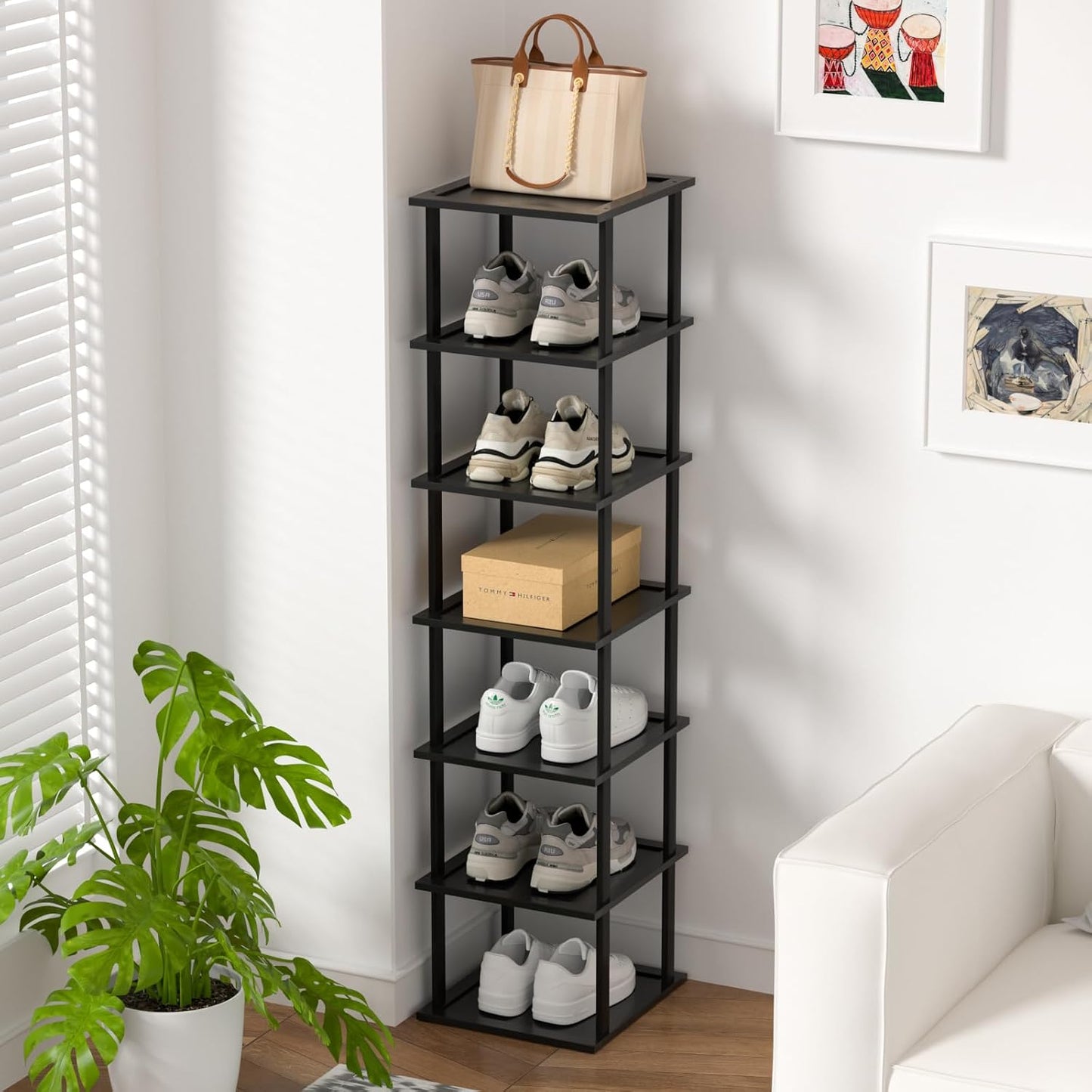 MHXW SXPN Bamboo Free Standing Shoe Rack Shelf Multi Tier Tall Wooden Stackable Shoes Rack Organizer for Closet Front Door Entrance Narrow Vertical Shoe Storage (Nature, 7 Tiers)