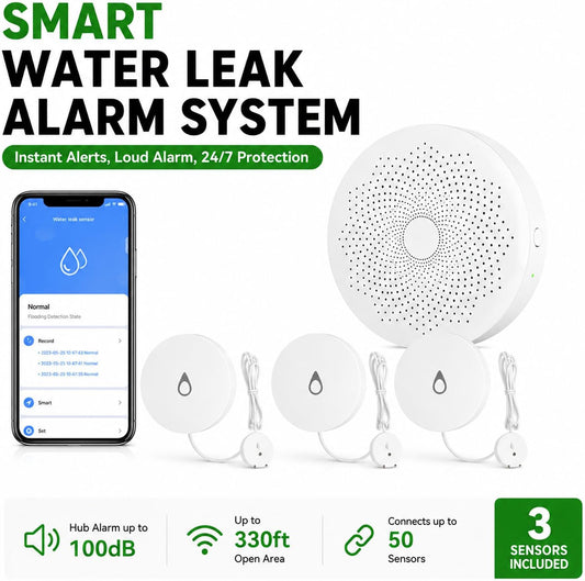 WiFi Water Leak Detector with Flexible Probes for Home, Hub & 3 Water Sensors, App Alerts, Loud Hub Alarm, 330FT Range, Alarm for Basement, Water Heater, Washing Machine & Under Sink