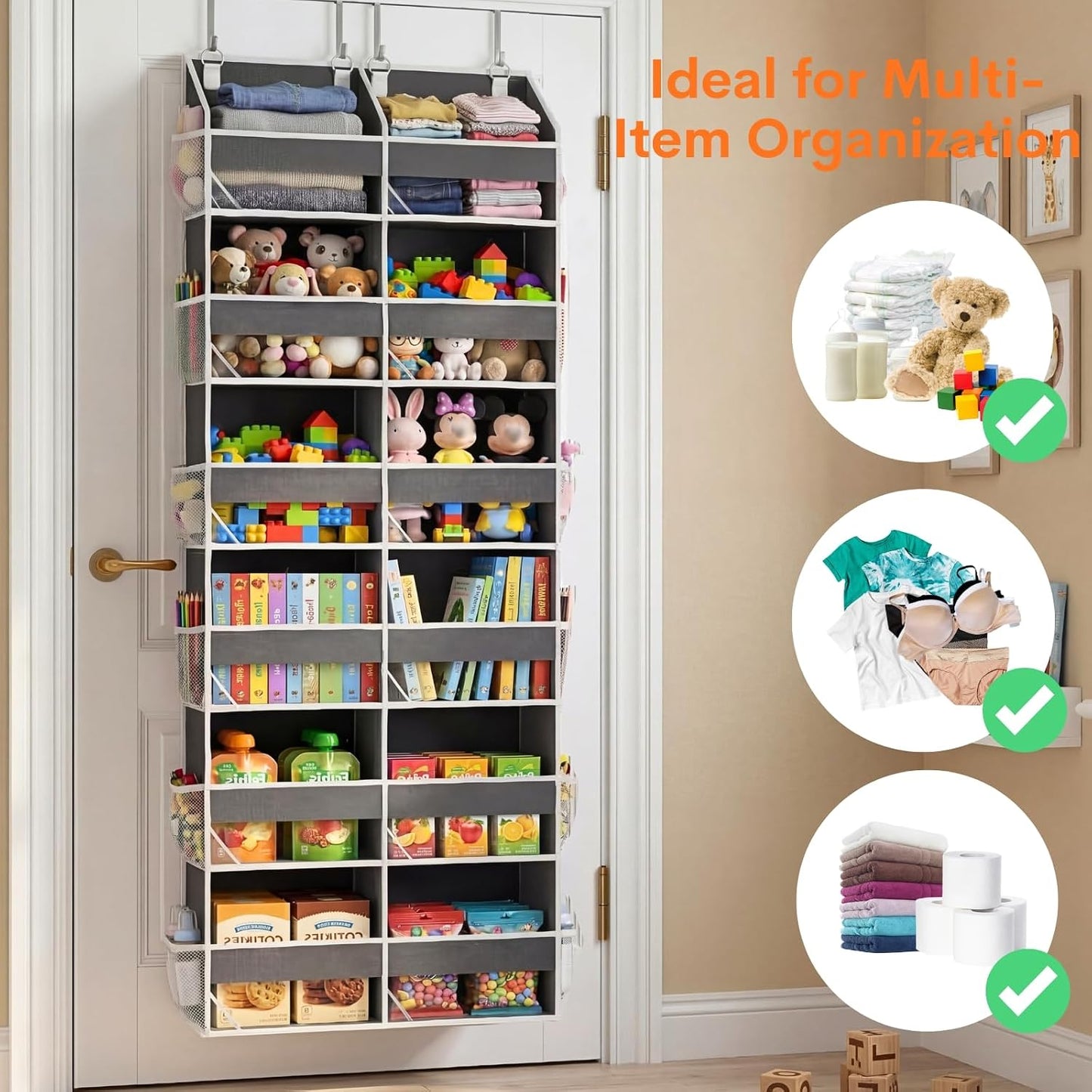Over The Door Organizer, 5-Tier Extra Large Behind Door Storage with 10 Big Front & 10 Mesh Pockets, 80lb Capacity, Hanging Storage Organizer with Clear Window Kids Toys, Shoes, Diapers, Light Grey