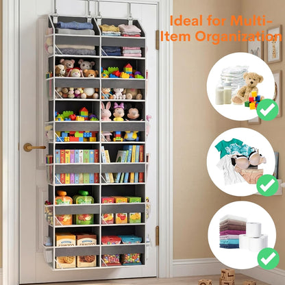Over The Door Organizer, 5-Tier Extra Large Behind Door Storage with 10 Big Front & 10 Mesh Pockets, 80lb Capacity, Hanging Storage Organizer with Clear Window Kids Toys, Shoes, Diapers, Light Grey