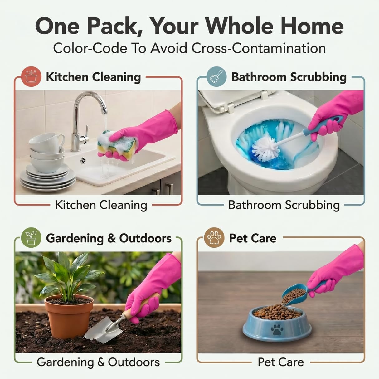ForPro Natural Rubber Gloves, 6 Pairs Reusable Multi-Purpose Household Cleaning Gloves with Soft Inner Lining, Waterproof & Chemical-Resistant, Wild Cherry, Small