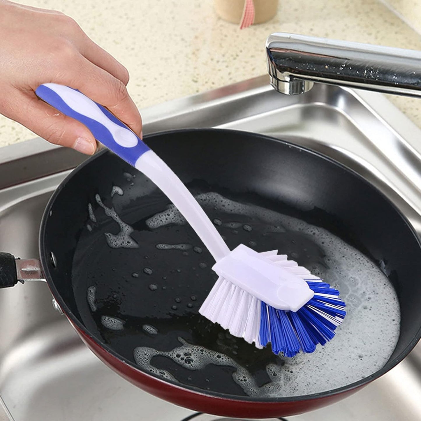 Kitchen Brushes for Dishes, Sink Brush with Stiff Bristles for Sink, Pots, Pans Stove Cookware Cleaning, Dish Cleaning Brush with Long Handle and Hook for Space Saving, Blue