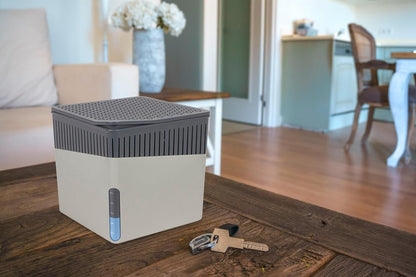 WENKO Portable Dehumidifier Cube Design, Compact and Rechargeable Dehumidifier for Bathroom, Closet, Bedroom, Garage, Covers up to 2800 Cubic Feet, 2.2lbs, Beige, 6.18 x 6.5 x 6.5