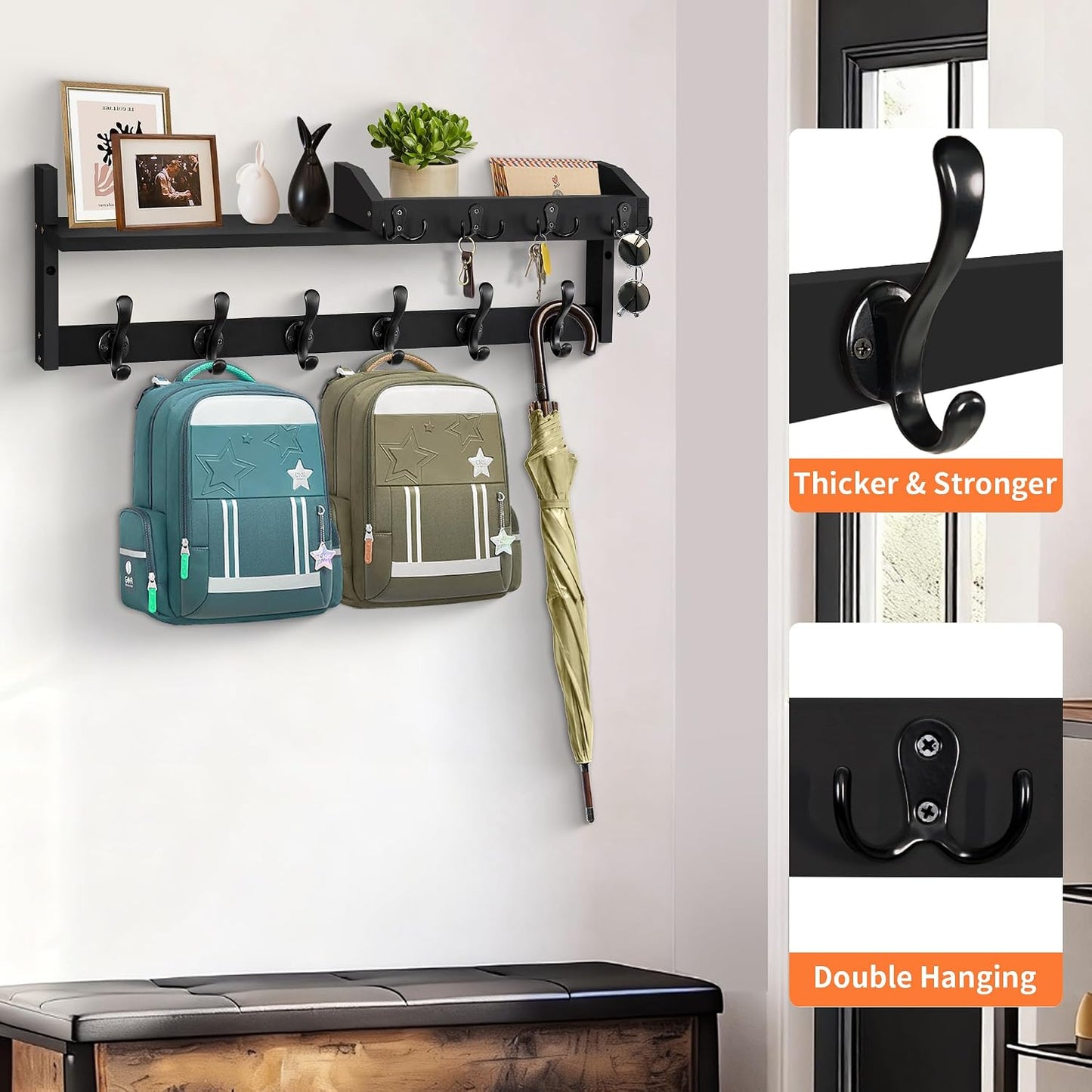 Coat Rack Wall Mount with Shelf, 27.5" Entryway Wall Hanging Shelf, Coat and Key Hanger with 10 Dual Hooks, Mail Organizer and Key Holder Hat Rack for Wall, Wood Coat Hooks with Storage