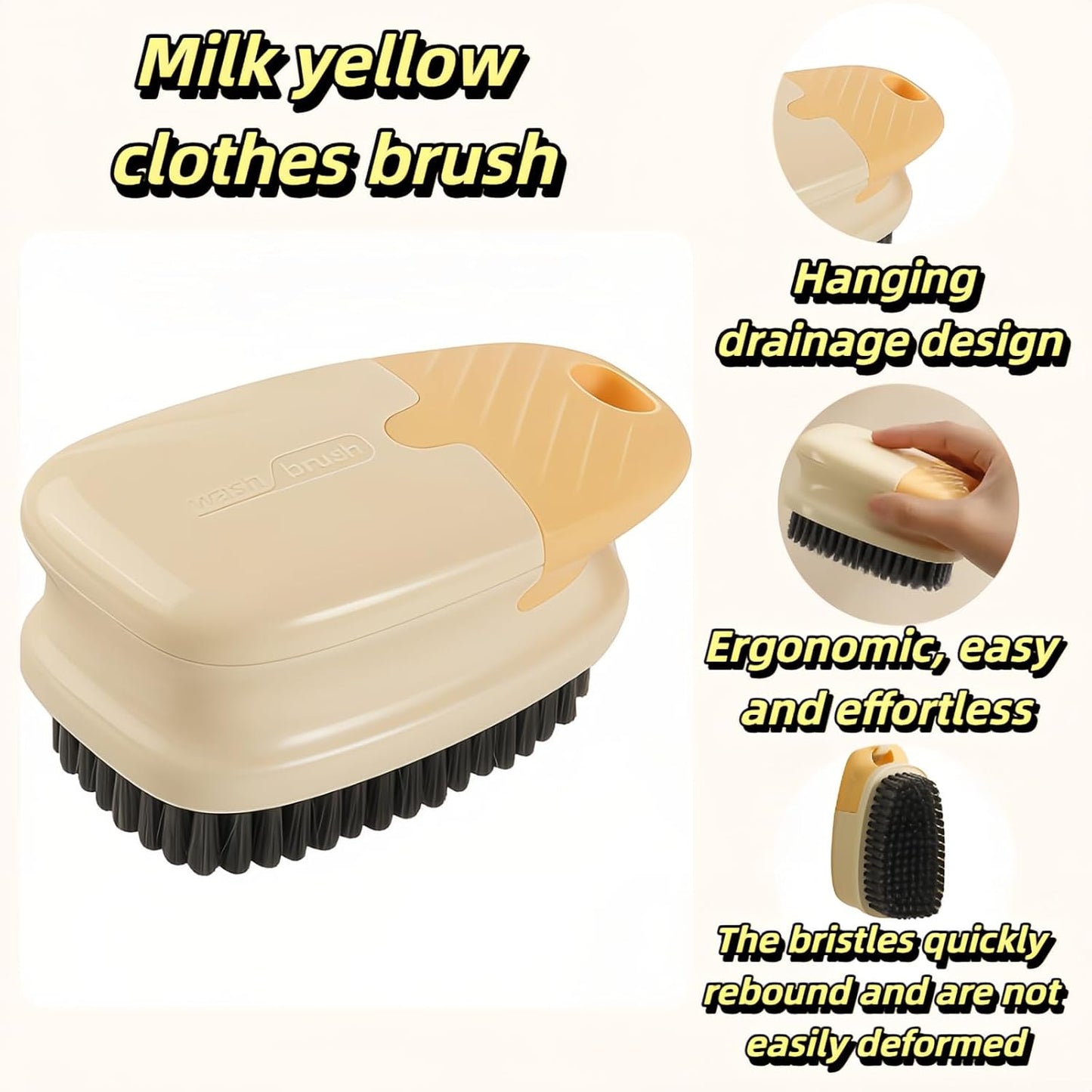 Ergonomic Clothes Soft Bristle Laundry Brush, Milk Yellow, ABS+PBT Material, Hanging Design, Portable Hand-Held Cleaning Tool with Comfortable Grip for Garments, Shoes, Household (Cream Yellow, L)