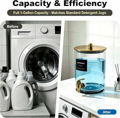 Glass Laundry Detergent Dispenser,1 Gallon Large Liquid Soap 2 Pack(Gold) | Complete borosilicate jars set with leakproof spigots, protective silicone mats, minimalist labels, and dosing cups