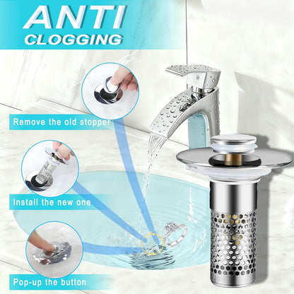 Bathroom Sink Stopper 2Pcs,Sink Drain Strainer,Hair Catcher with Removable Stainless Steel Filter Basket,Universal Sink Plug,Suitable for Most Sinks,Washbasin,Bathtubs