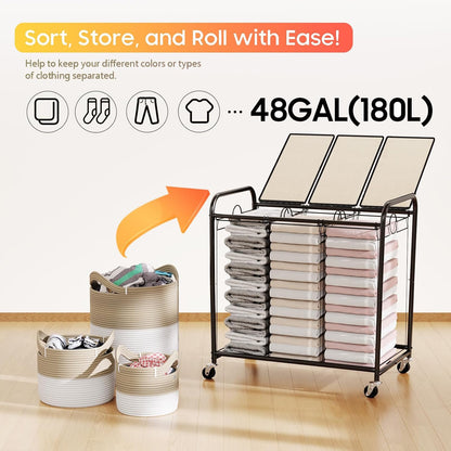 180L (47.55 Gal) Laundry Sorter 3 Section, Rolling Laundry Basket with Lockable Wheels and Lid, Laundry Hamper with 3 Separated Removable Bags Dirty Clothes Hamper for Laundry Room Organizer, Black