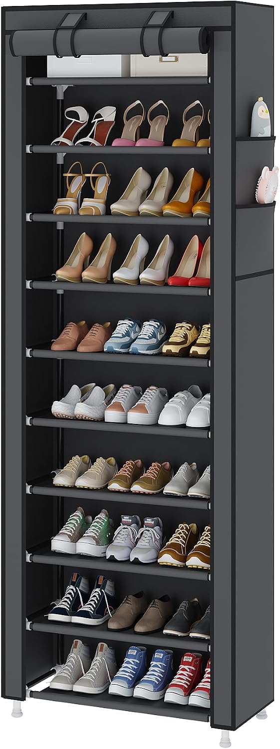 UDEAR 10-Tier Free Standing Shoe Rack Sturdy Shoe Rack Organizer for Closet Entryway Stackable Shoe Shelf with Dustproof Cover,Black