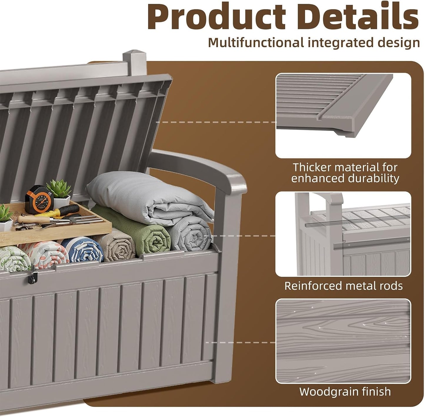 EasyUp 100 Gallon Outdoor Storage Bench, Waterproof Resin Deck Box with Lockable Lid Indoor Outdoor Storage Cushions Furniture Tools for Patio,Garden,and Porch (Beige)
