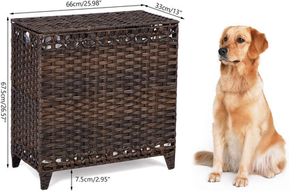Laundry Hamper with 3 Removable Liner Bags; 132L Handwoven Rattan Laundry Basket with Lid & Heightened Feet; Clothes Hamper with Side Handles; Laundry Sorter with 3 Separate Sections