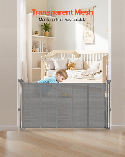 VEVOR Retractable Baby Gate, 34 inch Tall, Extends up to 71 inch Wide, Retractable Gate for Kids or Pets, Mesh Material, Easy to Install for Indoor Stairs, Doorways, Hallways, Playrooms, Gray