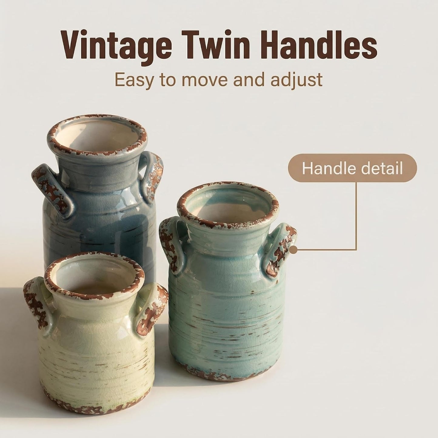 Ceramic Vase Set of 3 with Handles, Green White Neutral Rustic Modern Farmhouse Boho Decor, Versatile as Table Centerpiece or Mantel & Shelf Accent - Unique Home Gift Idea