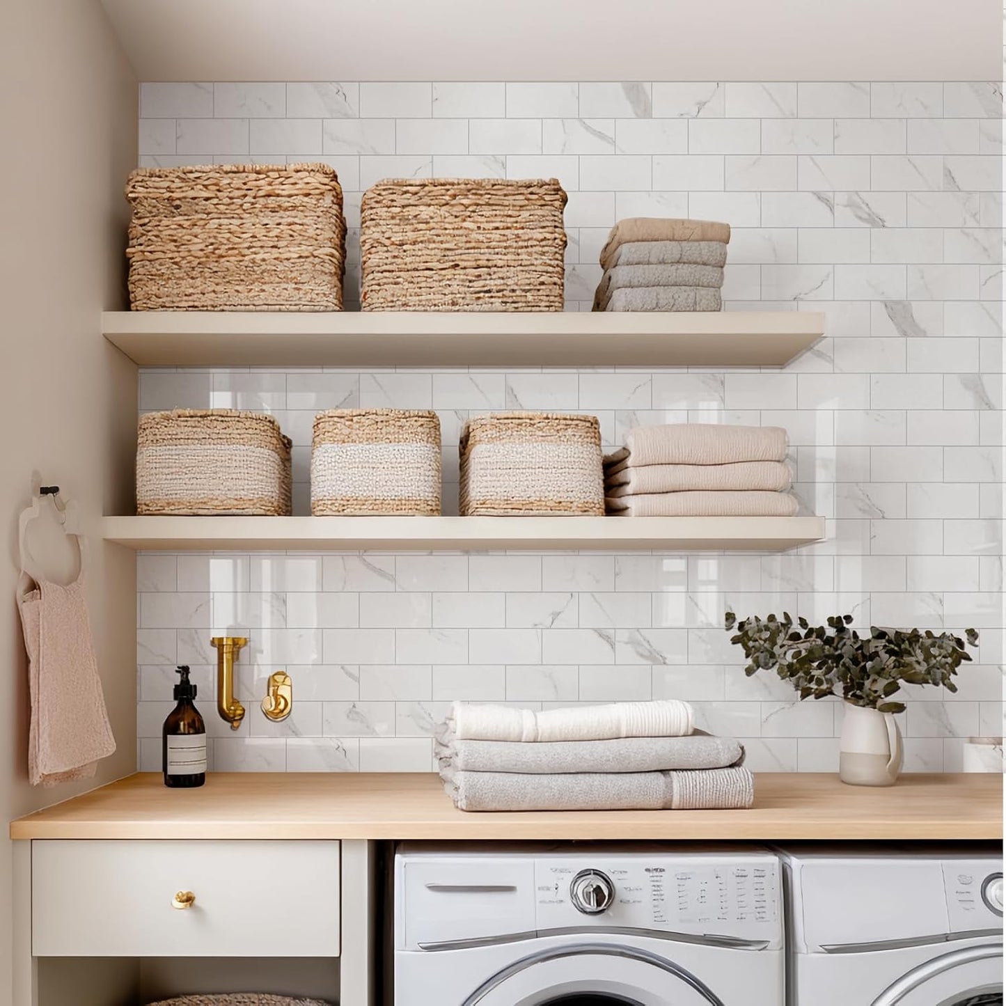 Vamos Tile 100-Piece Glossy Dolomite White Peel and Stick Backsplash Tile,3''x6'' PVC Subway Tile with White Grout, Stick on Backsplash for Kitchen/Bathroom/Fireplace