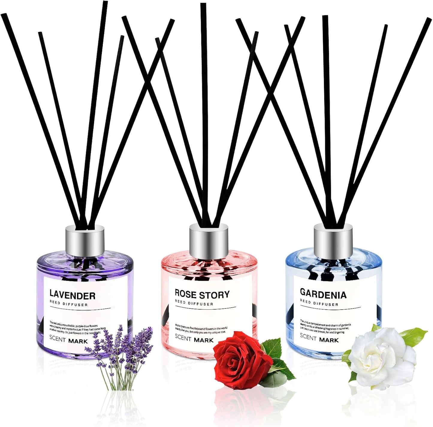 Reed Diffuser Set of 3 Pack,50ML Lavender Jasmine Gardenia Scented Oil Diffuser with 5 Sticks,Home Fragrance Reed Diffuser for Bedroom Bathroom Office (Lavender/Jasmine/Gardenia)