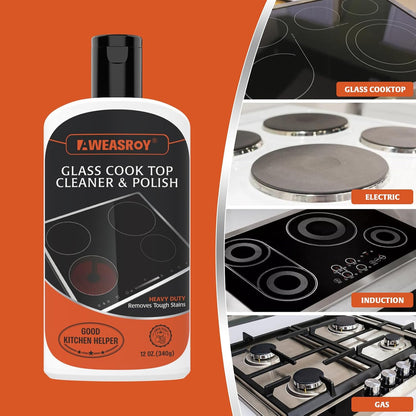 AWEASROY Glass Stove Top Cleaner Kit 12 oz, Cooktop Cleaner and Polish Non-Abrasive No Scratch Removes Tough Stains, with Scrubbing Pad, Handle, Scraper, Cloth