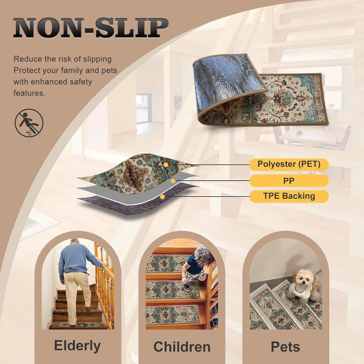 Non Slip Stair Treads for Wooden Steps, 15 Pack 8"x30" Washable Carpet | 8x30 in soft chenille polyester stair treads with reusable TPE backing for indoor wood stairs, dogs, kids, and seniors