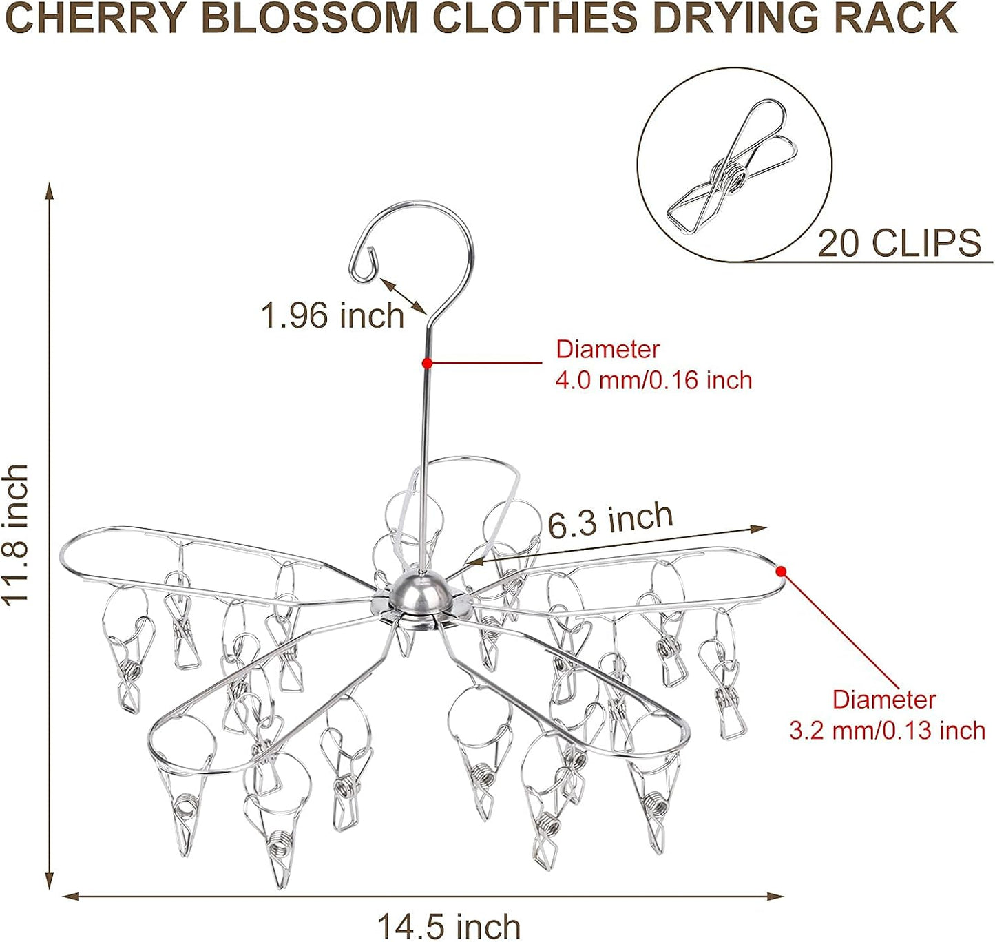 Foldable Clothes Drying Hanger Stainless Steel Underwear Drying Rack with 20 Clips, Laundry Sock Hangers for Hanging Bra, Lingerie, Hat, Scarf, Gloves, Diapers, Towels, Baby Clothes