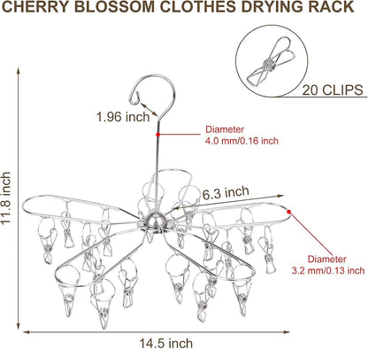 Foldable Clothes Drying Hanger Stainless Steel Underwear Drying Rack with 20 Clips, Laundry Sock Hangers for Hanging Bra, Lingerie, Hat, Scarf, Gloves, Diapers, Towels, Baby Clothes