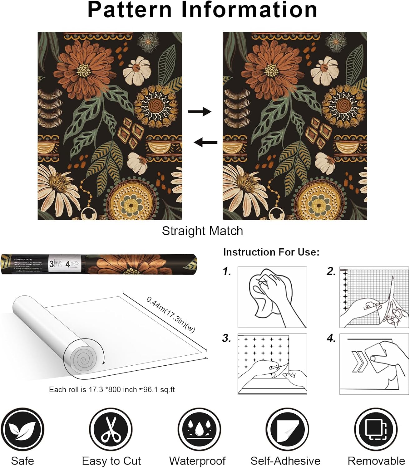 Simon&Siff Boho Peel and Stick Wallpaper, 17.3" x 80" Sun Floral Retro Contact Paper Removable Self Adhesive Wall Paper for Cabinets Furniture Bedroom Nursery Bathroom Renter Friendly DIY Decor