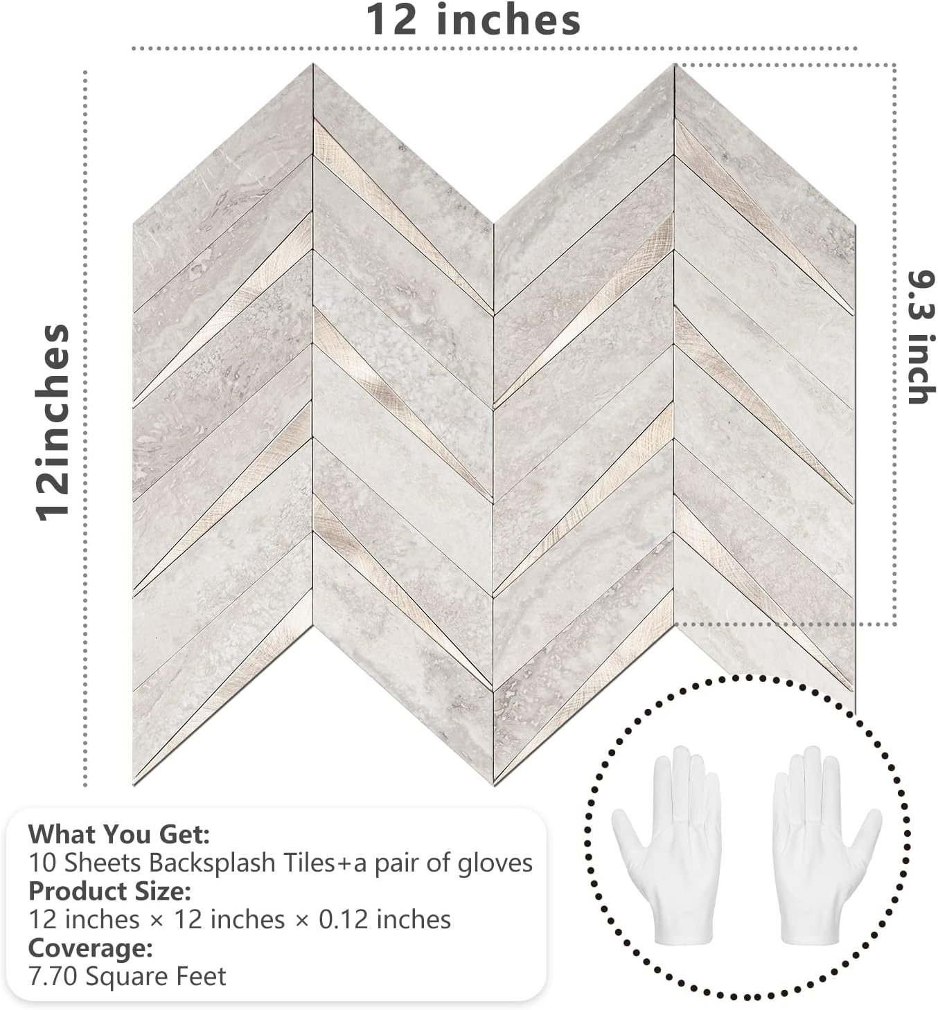 STICKGOO 10-Sheet Herringbone Tile Peel and Stick Backsplash, Beige Mixed Metal Gold PVC Stick on Backsplash, Self Adhesive Wall Tile for Kitchen and Bathroom