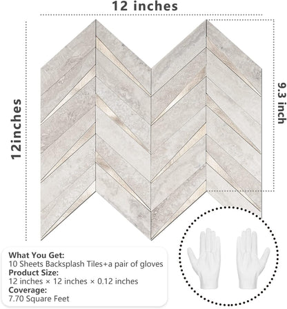 STICKGOO 10-Sheet Herringbone Tile Peel and Stick Backsplash, Beige Mixed Metal Gold PVC Stick on Backsplash, Self Adhesive Wall Tile for Kitchen and Bathroom
