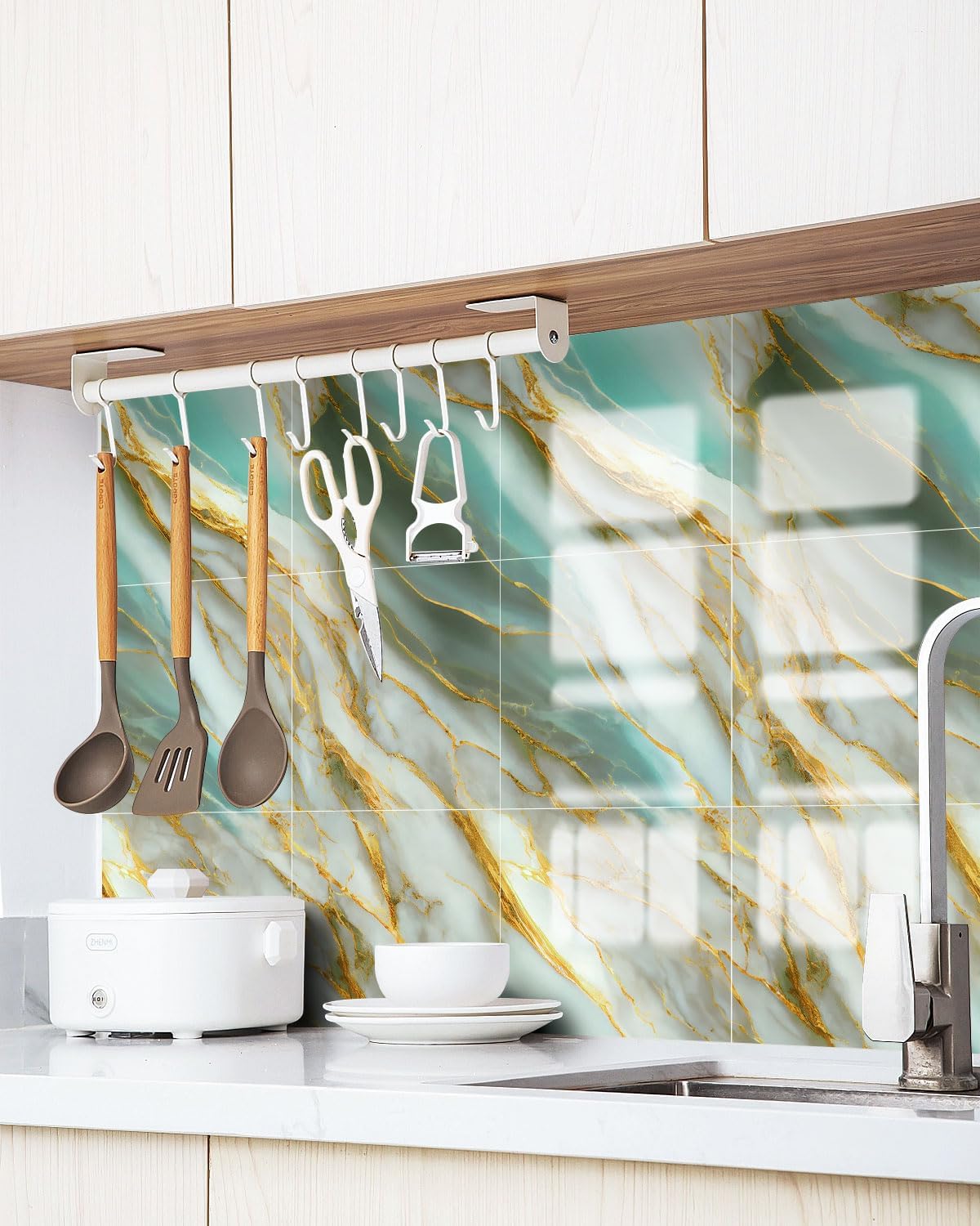 WADILE 10pcs Peel and Stick Shower Waterproof Marble Tiles Wall Panels, 11.8"x11.8" Self-Adhesive Backsplash, for Home Bathroom, Kitchen, Living Room White (Not Real Tile)