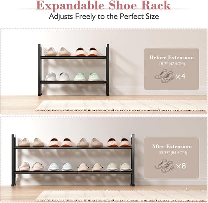 Bumusty 3-Tier Expandable Shoe Rack for Closet, 18“-33” Adjustable Shoe Rack for Small Space, Small Shoe Organizer for Front Door, Sturdy Metal, Black