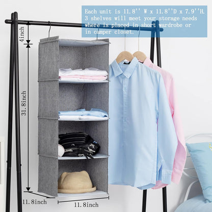 Hanging Closet Organizer 3-Shelf, Oxford Fabric Wardrobe Storage, Gray | Easy-mount foldable design holds clothes, handbags, shoes & accessories; washable Oxford fabric, sturdy and space-saving.