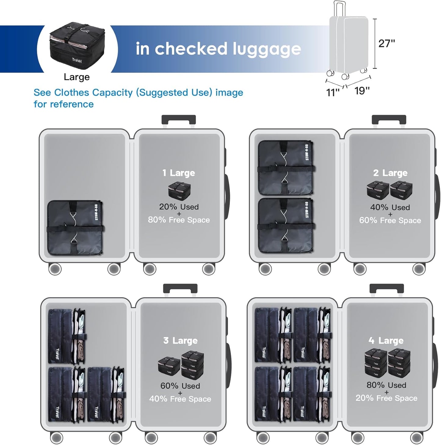 Grand Fusion Stow-N-Go Hanging Travel Shelves, Packing Organizer for Luggage. Carry on Closet for Suitcase. Expandable Packing Cube. Travel Essentials. (Black - L, L = (L) 11.8" x (W) 11.8")