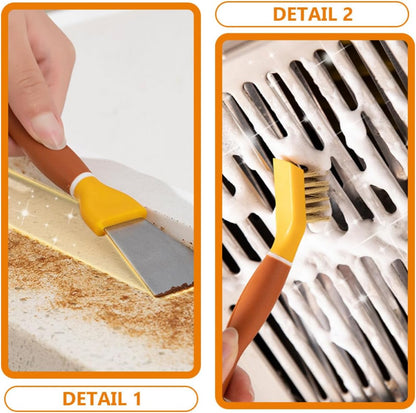 Multipurpose Kitchen Cleaning Brush with Stiff Bristles and Double-Ended Stainless Steel Scraper, Heavy-Duty Stove Cleaner for Gas Burners and Refrigerator Defrosting, Yellow
