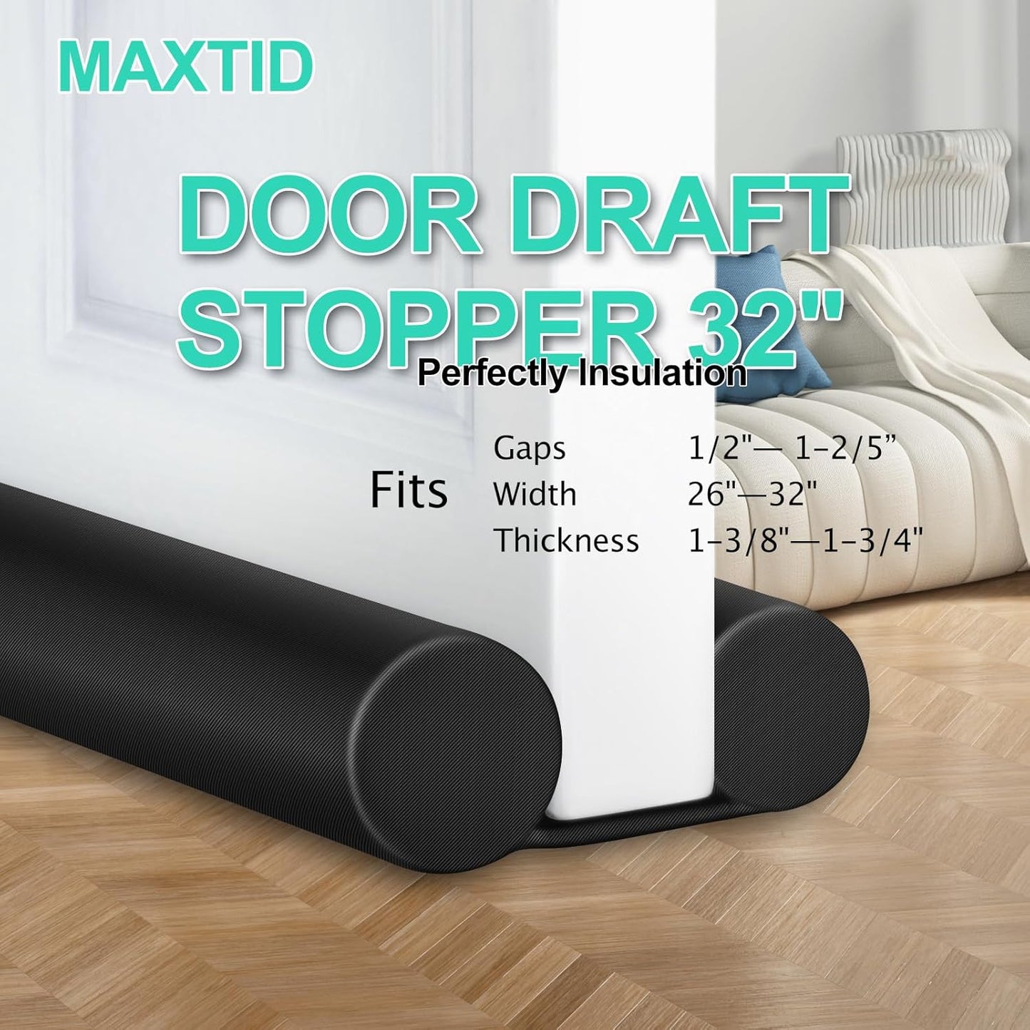 MAXTID Under Door Draft Stopper for Bottom of Doors 38" Black Door Blocker Noise ReducerLight Cold Air Guard Breeze Sound Proof Door Sweep Weather Stripping Door Seal Insulation Strip Gap Filler
