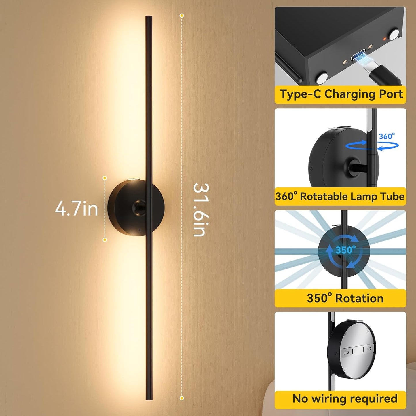 Ouyulong Battery Operated Wall Sconces Set of 2, 10000mAh Wireless Rechargeable 3000-6000K Dimmable 350° Rotate Wall Light with Remote for Living Room, Bedroom 31.6in Black