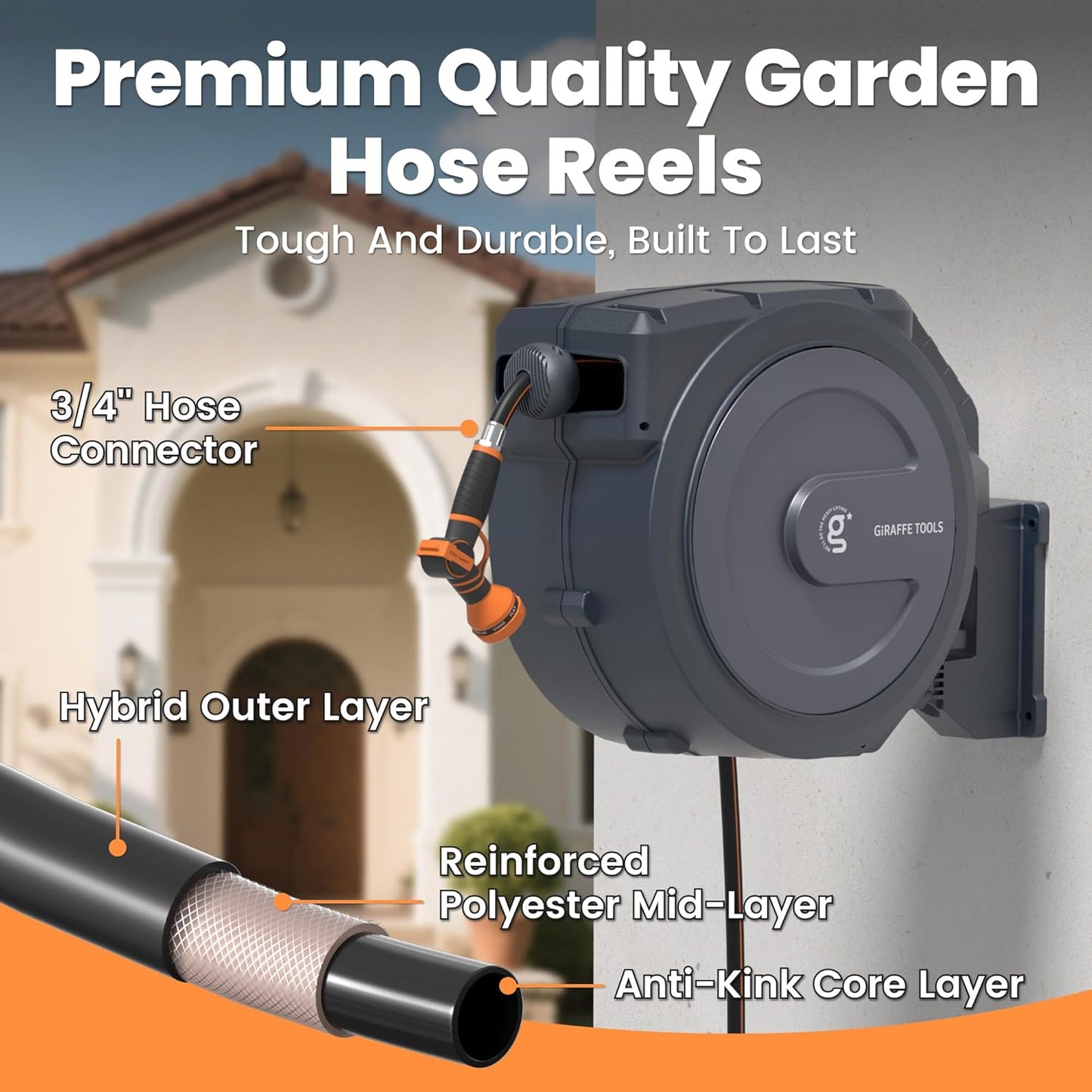 Giraffe Tools Retractable Garden Hose Reel 1/2 Inch x 130 ft, Super Heavy Duty, Any Length Lock, Slow Return System, Wall Mounted and 180 Deg Swivel Bracket