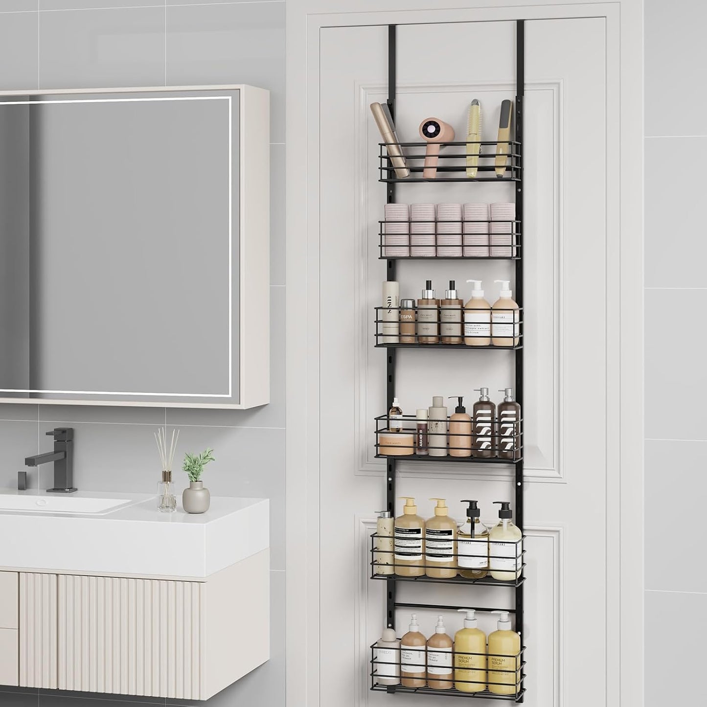 SWTYMIKI Over The Door Organizer - Door Organizer Hanging with 5 Adjustable Metal Large Capacity Basket and 6 Coat Hook, Wall Mounted Shelf for Bedroom Closet Bathroom Laundry Pantry Cabinet Kitchen