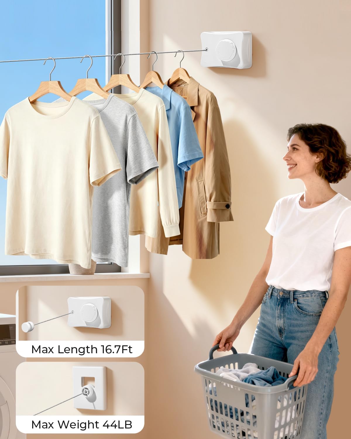 Retractable Clothesline 16.7 ft – Heavy-Duty 44 lb, Rust-Proof Stainless Steel, Wall-Mounted Indoor/Outdoor Laundry Line, Easy Install for Bathroom, Balcony & Apartment (White, Single Line)