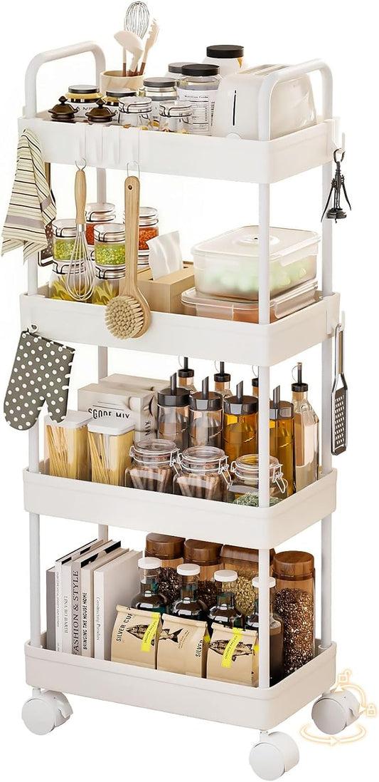 Homde Slim Rolling Cart for Kitchen: 4-Tier Space-Saving Narrow Floor Organizer - 37.4in Tall Vertical Storage for Bottles & Jars - Locking Wheels 8 Hooks for Hang & Grab