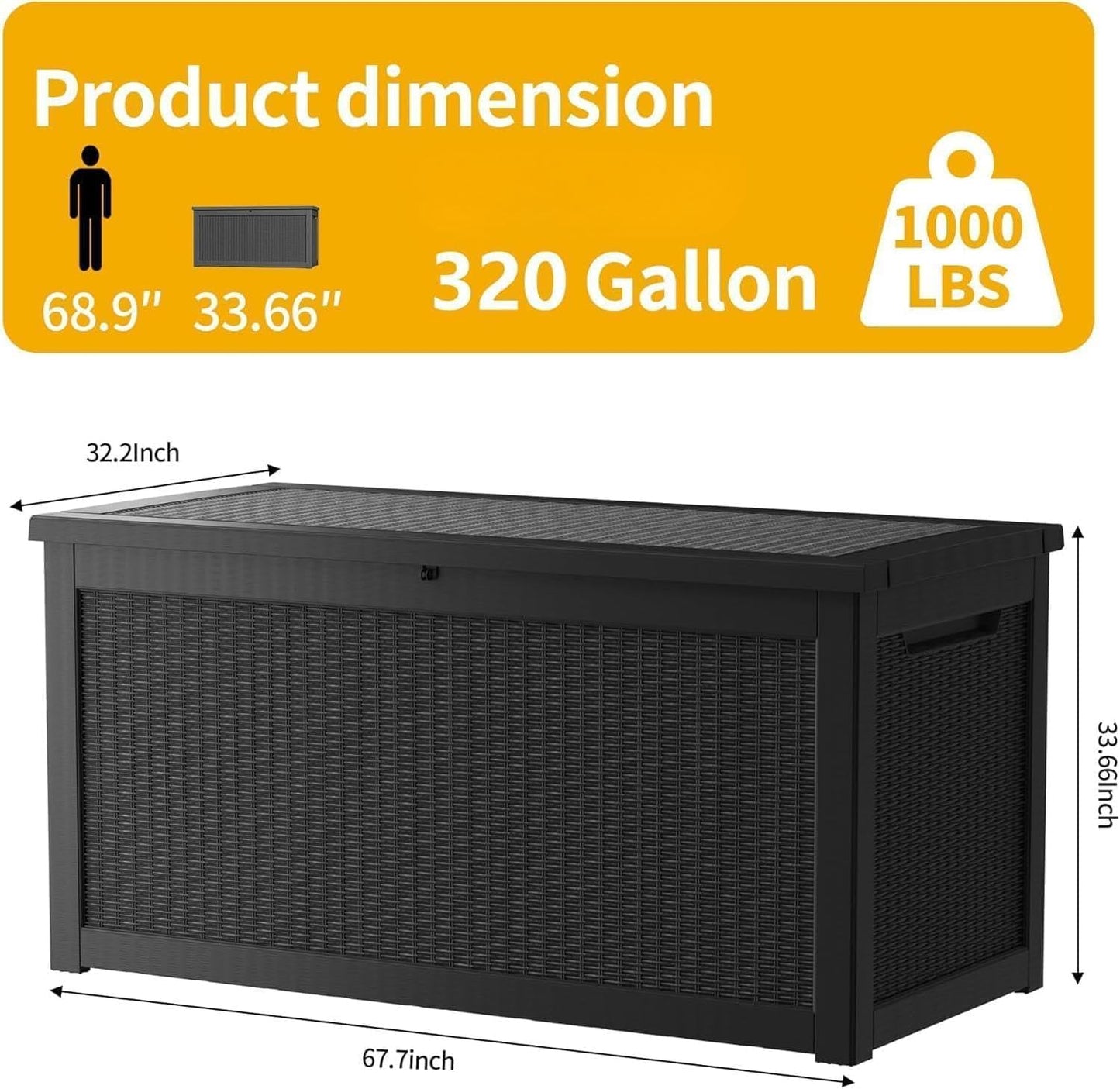 TARKARI 275 Gallon Resin Deck Box, Waterproof Outdoor Storage Box, Lockable for Patio Furniture, Garden Tools, Pool Accessories, UV-Resistant for All Weather Use, Black