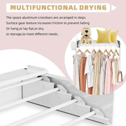 Wall Mounted Drying Rack 23.6'', Foldable Laundry Drying Rack Wall Mount with 4 Towel Hooks and 4 Rods, Space Saving Drying Rack Clothing for Indoor Outdoor Bathroom Balcony (White, 23.6'')
