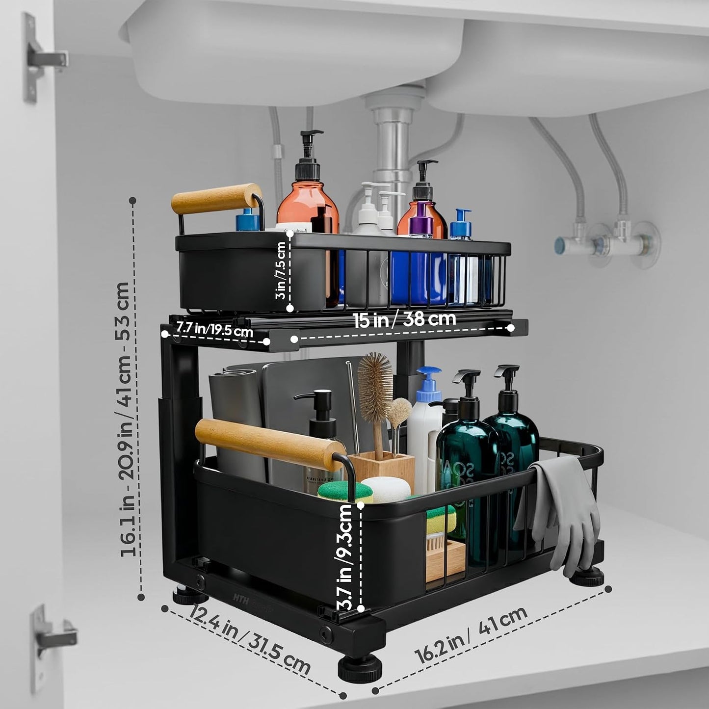 Premium Heavy Duty Carbon Steel Under Sink Organizer, Large 2 Tier Pull Out Cabinet Organizer, 7 Adjustable Heights with Smooth Ball Bearing Sliding Baskets for Bathroom & Kitchen